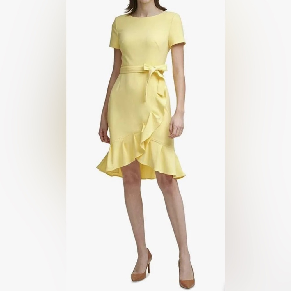 Calvin Klein Yellow Feminine Summer‎ Ruffle Wrap Business Casual Dress Sz. 12